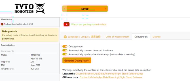 how to generate a debug report in Flight Stand software